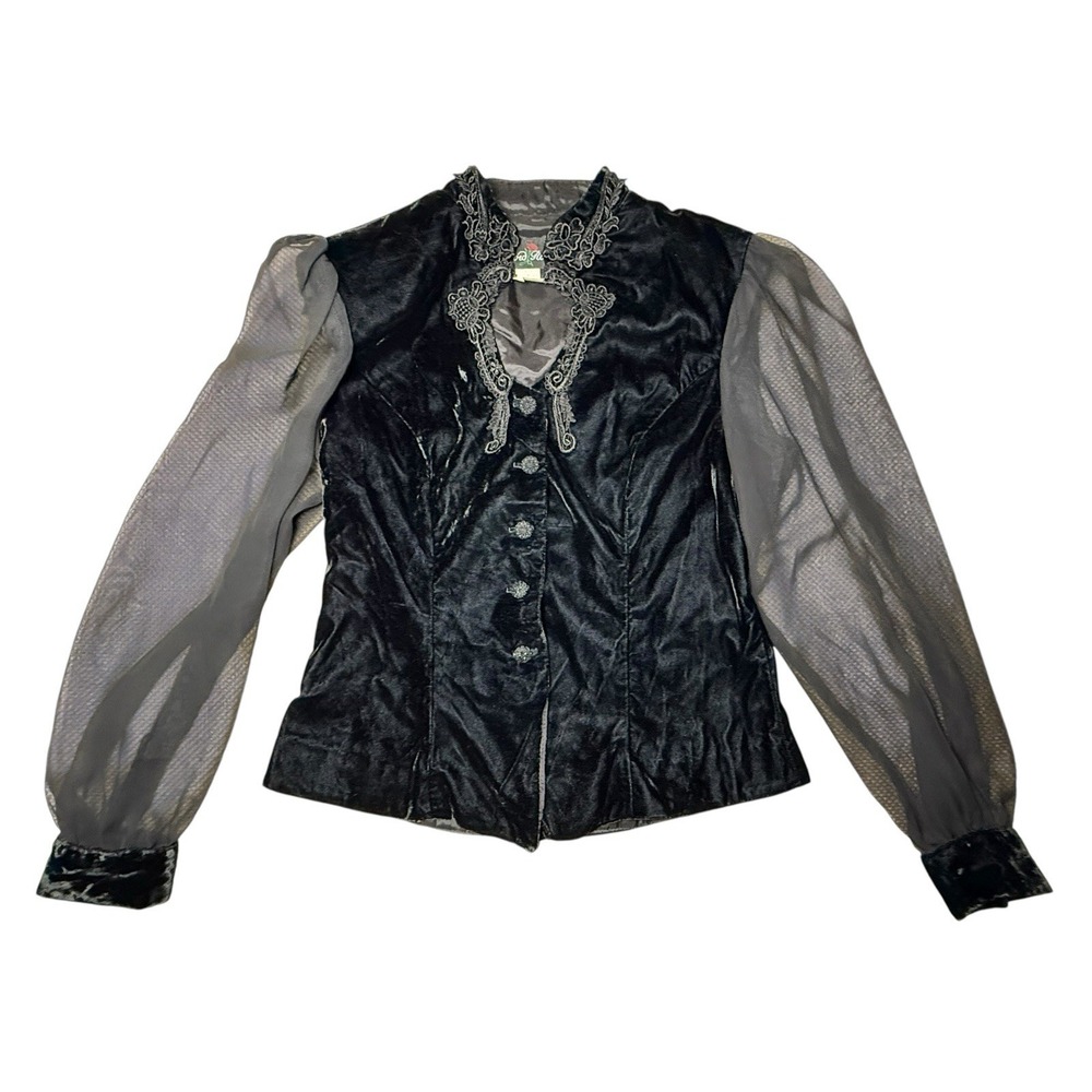 David Rose Velvet Blouse Sheer Sleeves Black‎ Embroidered Victorian Cosplay Goth